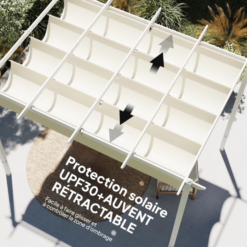 Outsunny Pergola Tonnelle de Jardin Toit Rétractable avec Toile Coulissante Magnétique et Trous de Drainage 390x297x227cm Beige