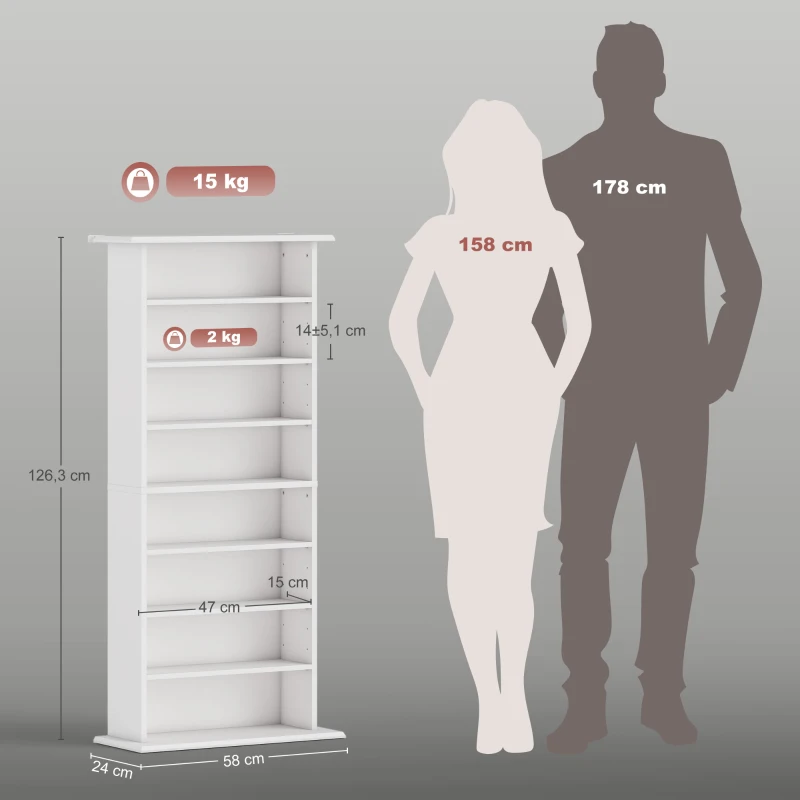 HOMCOM Estante Estreita para CDs e DVDs com 8 Compartimentos Prateleiras Ajustáveis 58x24x126,3 cm Branco