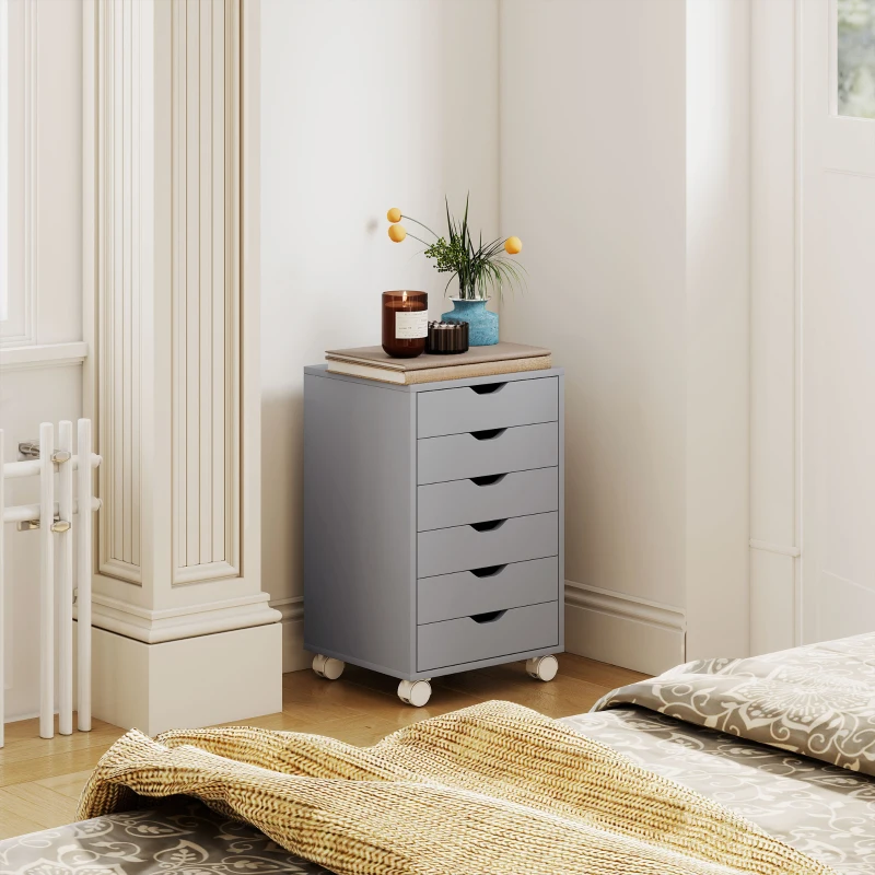 HOMCOM Bloco de Gavetas Móvel Arquivador com 6 Gavetas Suporte para Impressora com Rodas 40x35x63 cm Cinzento