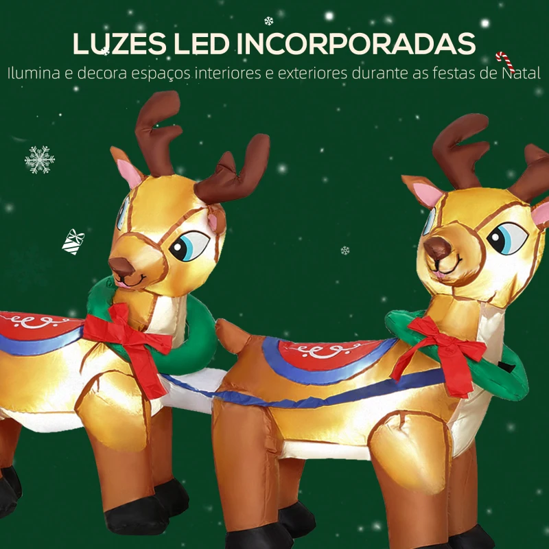 Outsunny Pai Natal Insuflável com Trenó e Renas Insufláveis de Natal com Luzes LED para Exterior e Interior 240x75x100 cm Multicor