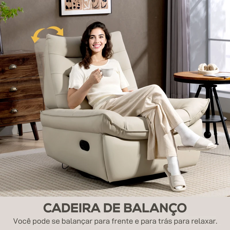 HOMCOM Poltrona Relax Reclinável Manual Giratória Função Baloiço Estofada em PU Reclinável até 135º 97x94x98 cm Creme