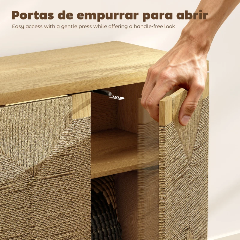 HOMCOM Aparador Boémio de 2 Portas com Corda Tecida à Mão Prateleira Ajustável Abertura por Pressão 60x40x78 cm Carvalho