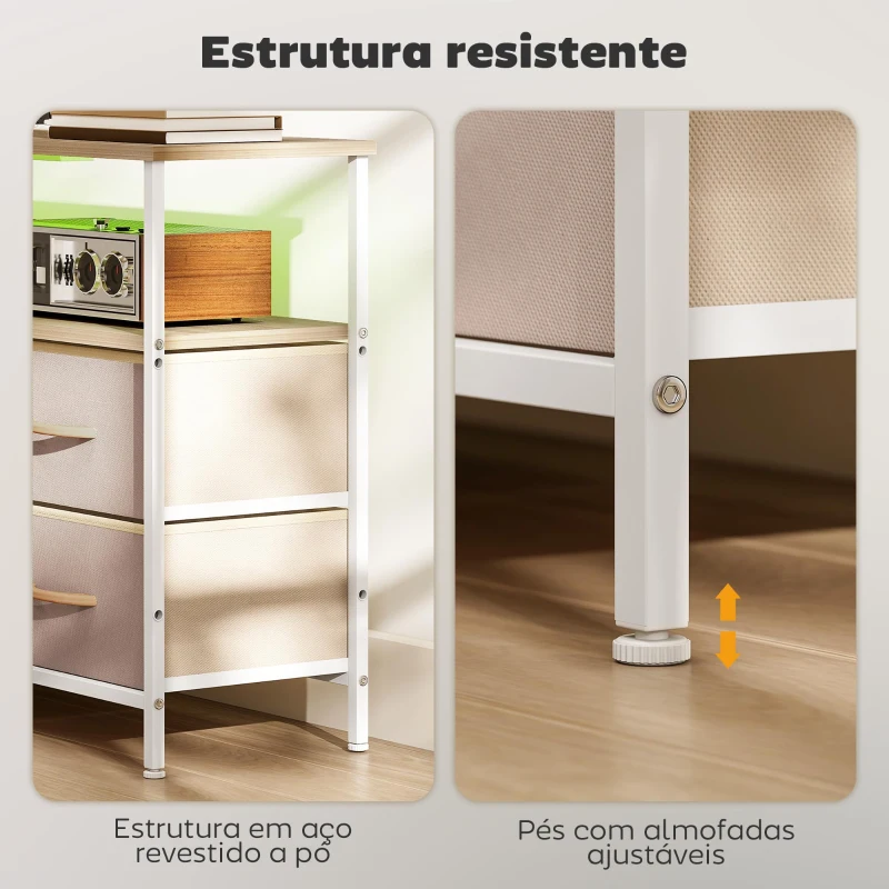 HOMCOM Móvel de TV com Luz LED Tomadas Portas USB 4 Gavetas de Tecido para Televisão até 50 Polegadas 120x30x67,5 cm Bege e Madeira