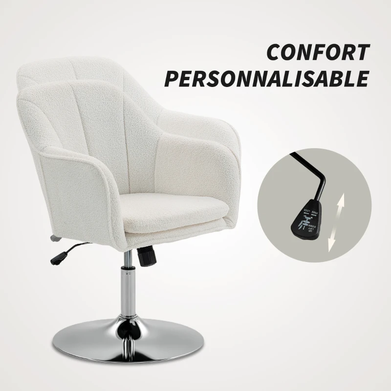 HOMCOM Fauteuil de salon, chaise pivotant à hauteur réglable, fonction de bascule, coussin rembourré, 61 x 64 x 80-92 cm, blanc