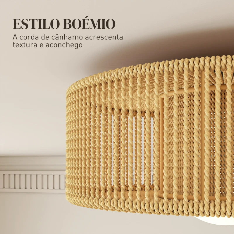 HOMCOM Candeeiro de Teto com Lâmpada LED G9 20W 3000 K Candeeiro de Teto Boémio com Ecrã de Corda de Linho Ø30x16 cm Castanho Claro