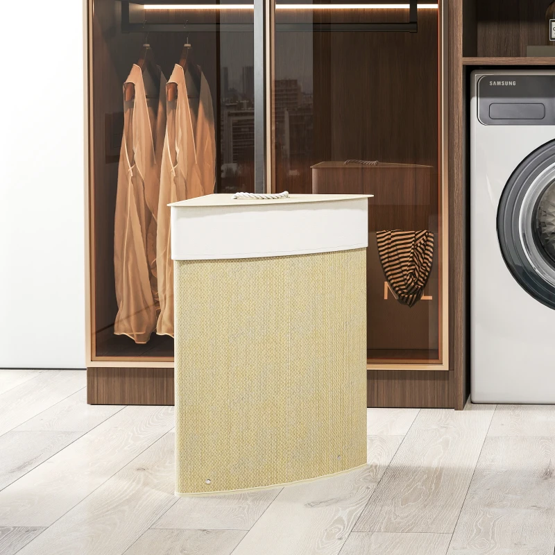 HOMCOM Cesto para Roupa Suja de Bambu de 55L com Tampa e Asa Saco Extraível e Lavável para Casa de Banho Quarto, 35x35x60 cm Creme