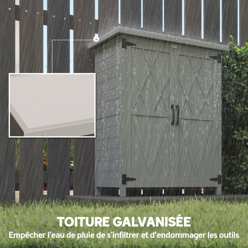 Outsunny Abri de jardin armoire de jardin 3 étagères 2 portes toit en tôle galvanisé étanche bois massif 75 x 40 x 90 cm gris