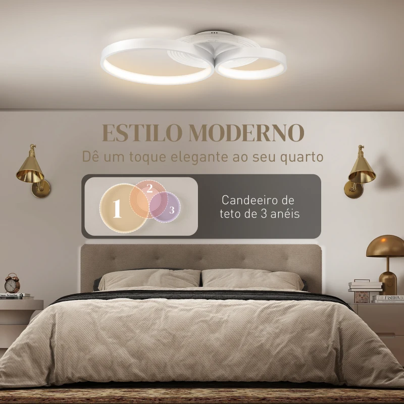 HOMCOM Candeeiro de Teto LED 40W Candeeiro Moderno com Iluminação LED 3000K/4000K/6500K 59x38x7,4 cm Branco