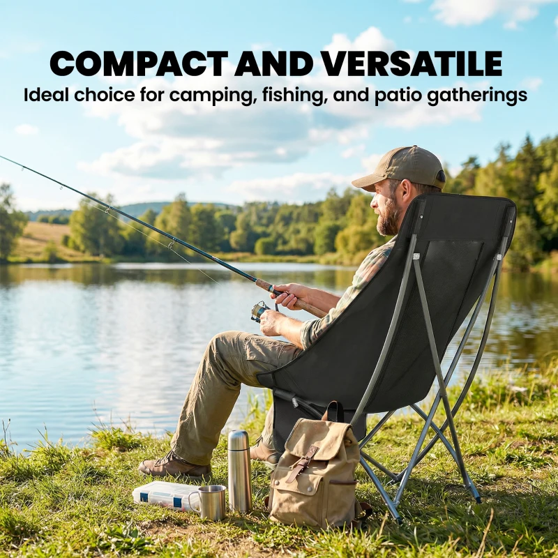 Outsunny Camping Chair for Adults Heavy Duty Folding Camp Chair with Side Pocket and Carry Bag Black