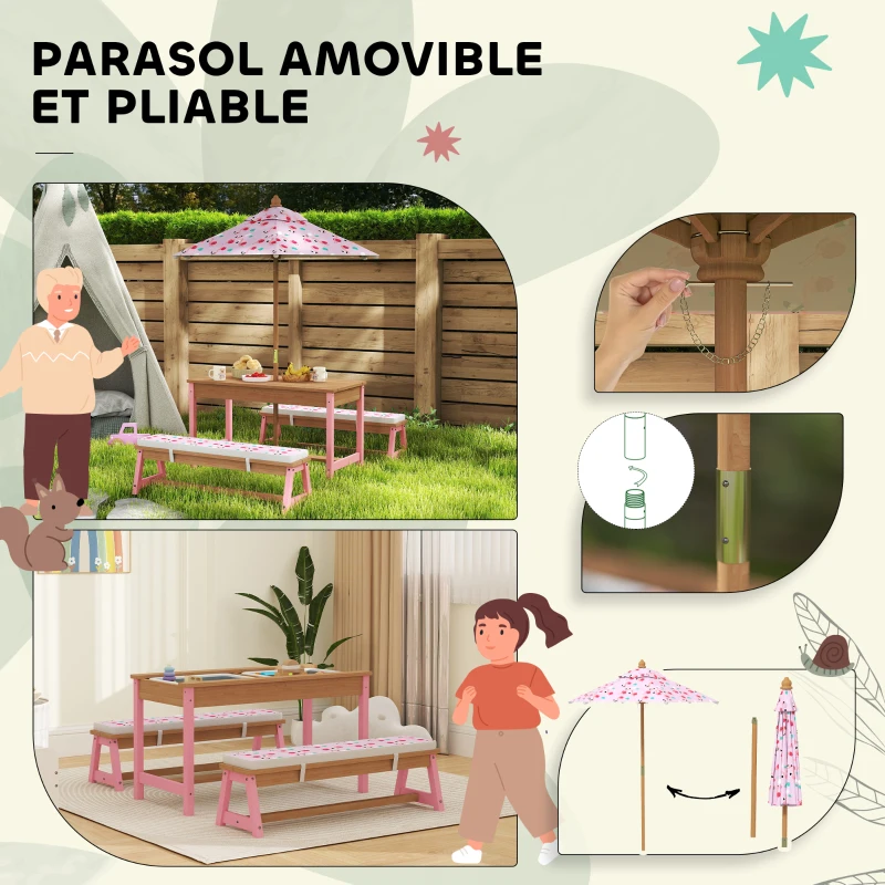 AIYAPLAY Table pique-nique enfant avec bancs, coussins, parasol pliable, boîtes de rangement amovibles, motif à flamant, rose