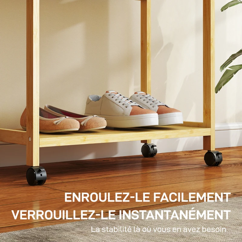HOMCOM Portant à vêtements à roulettes, porte-manteau en bambou avec 2 étagères et tringle suspendue, 70x35x175cm, bois naturel