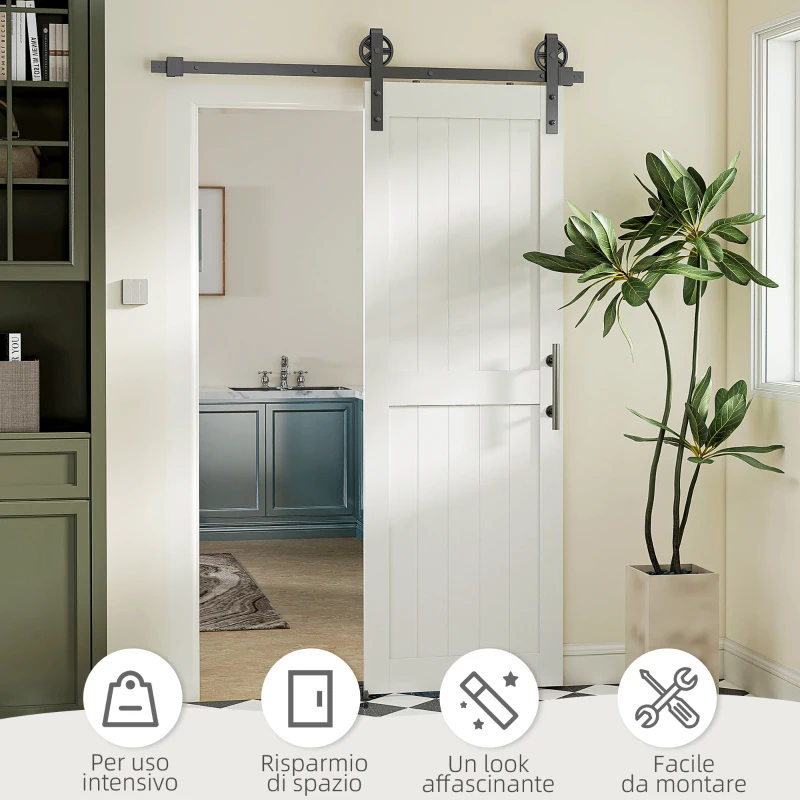 HOMCOM Porta Scorrevole in Stile Country con Binario e Maniglia in Legno e Acciaio, 71.5x213.4 cm, Bianco e Nero