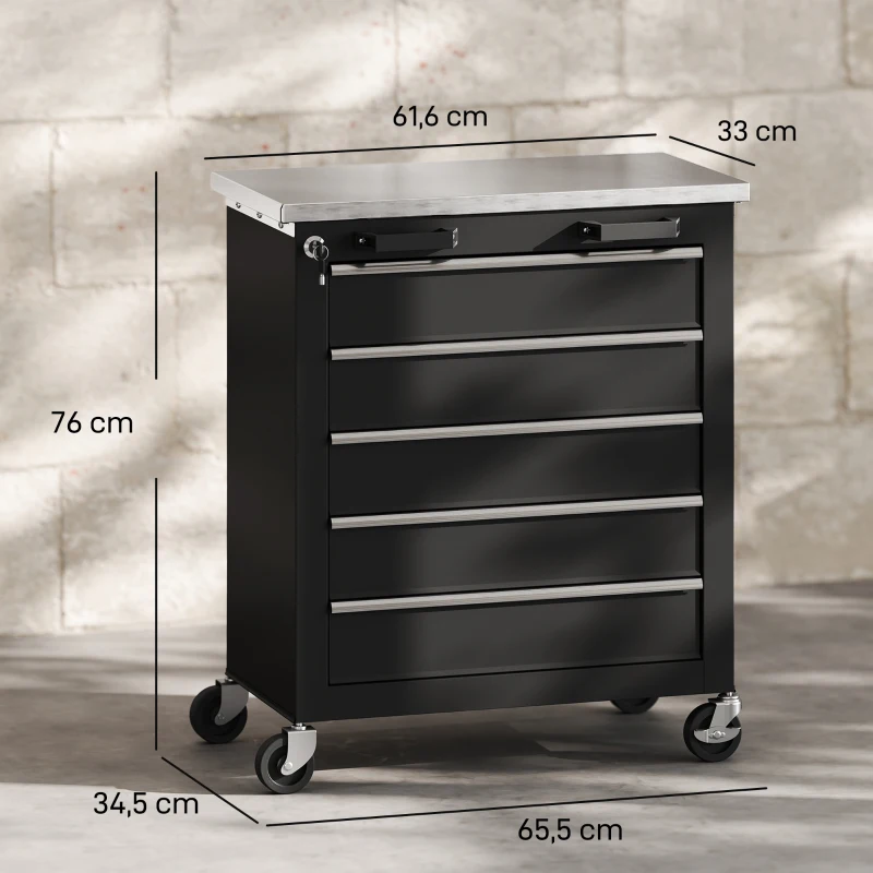 HOMCOM Carrinho de Ferramentas com 5 Gavetas Fecho Rodas com Travão e Bancada em Aço Inoxidável 65,5x34,5x76 cm Preto e Prateado