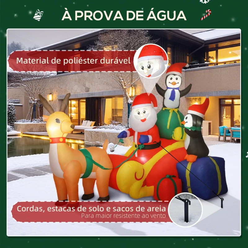 Outsunny Pai Natal Insuflável com Trenó Pinguins e Renas Insufláveis de Natal com Luzes LED Decoração de Natal 180x120x155 cm Multicor