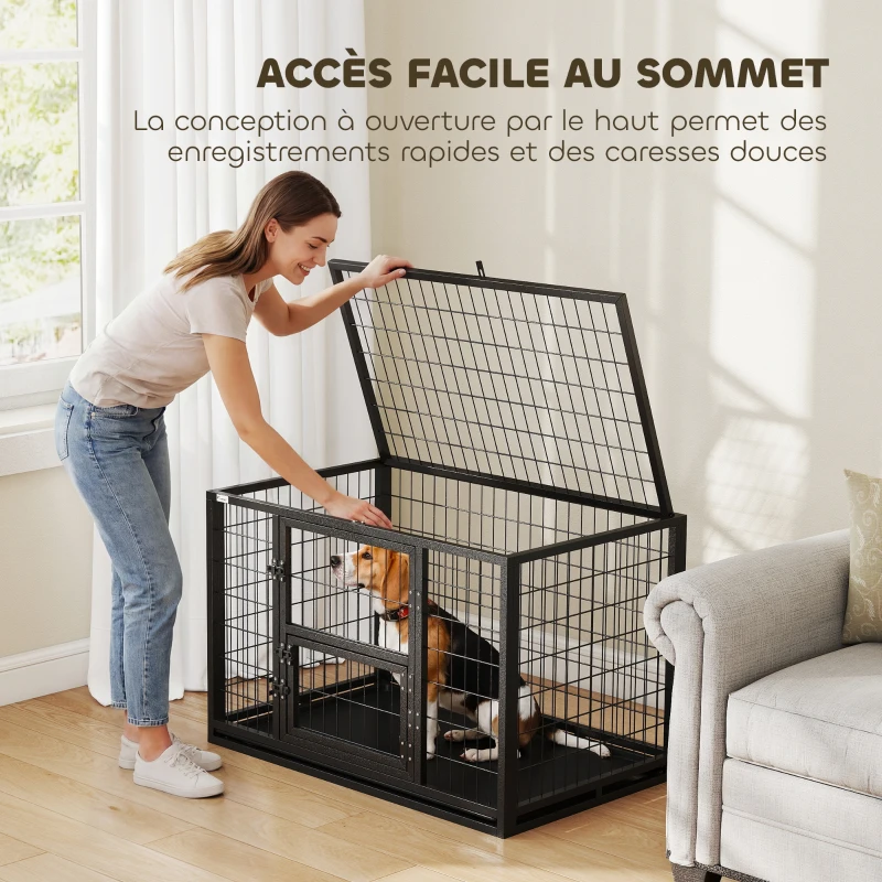 PawHut Cage pour Chien Robuste Niche Chien Intérieur Toit Ouvrant et Porte de Nourrissage Acier 94 x 60 x 64 cm Noir