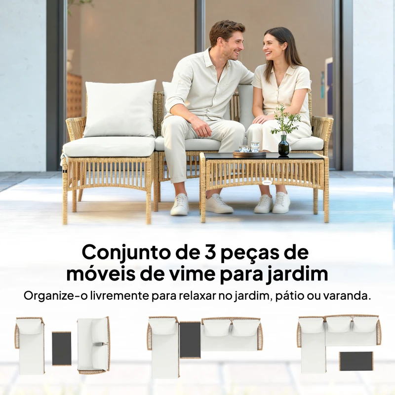 Outsunny Conjunto de Jardim Exterior em Vime com 1 Sofá de 2 Lugares 1 Chaise Longue e 1 Mesa de Centro com Tampo de Vidro Creme