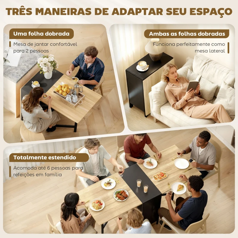 HOMCOM Mesa de Cozinha Dobrável com Arrumação Mesa de Refeição Compacta com 4 Prateleiras 169x60x75 cm Madeira e Preto