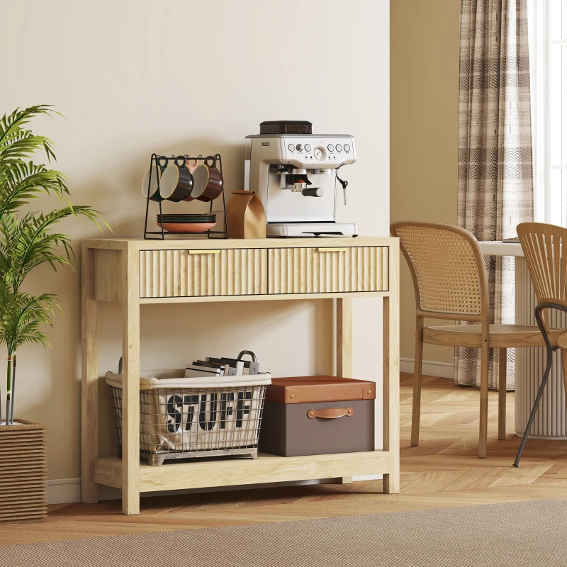 HOMCOM Console meuble 90 cm, table console étroite avec 2 tiroirs rainurés et étagère, style moderne, bois naturel