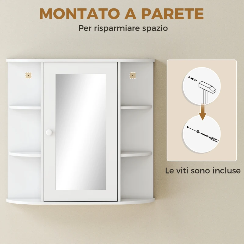 HOMCOM Specchio Bagno Contenitore con 6 Ripiani Aperti e 2 Chiusi, 66x17x63 cm Mobile Bagno con Specchio, Mobilettto da Parete in Vetro, Bianco