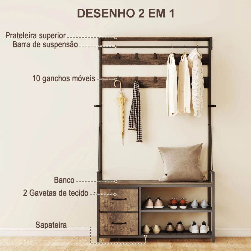 HOMCOM Móvel Cabide de Entrada com Banco 10 Ganchos 2 Gavetas e Barra para Pendurar Estilo Industrial 100x40x180 cm Castanho Rústico