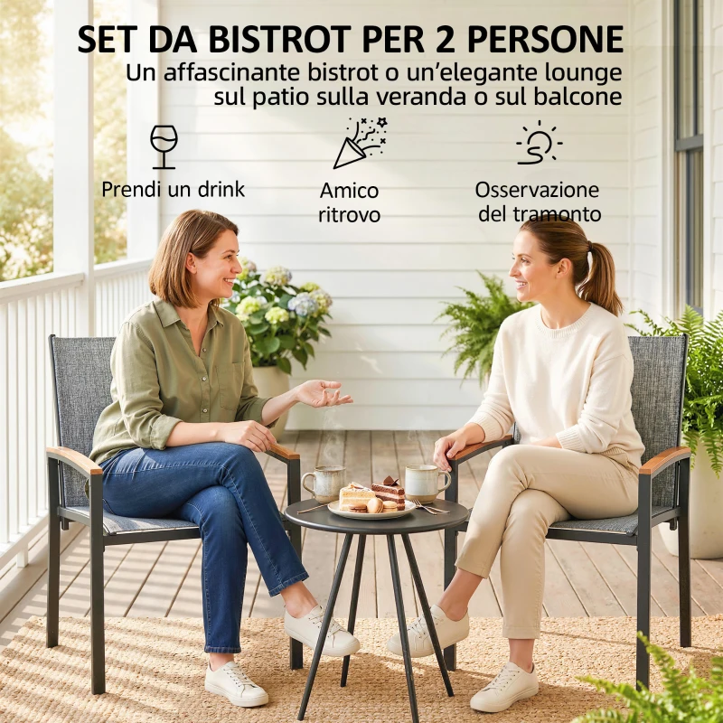 Outsunny Set Bistrò 3 Pezzi: Sedie in Rete e Tavolo, Grigio Misto.