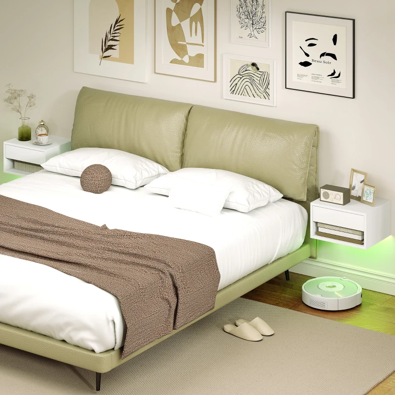 HOMCOM Conjunto de 2 Mesas de Cabeceira Flutuantes com Luzes LED RGB Controlo por APP e Prateleira Aberta 37x32x21 cm Branco