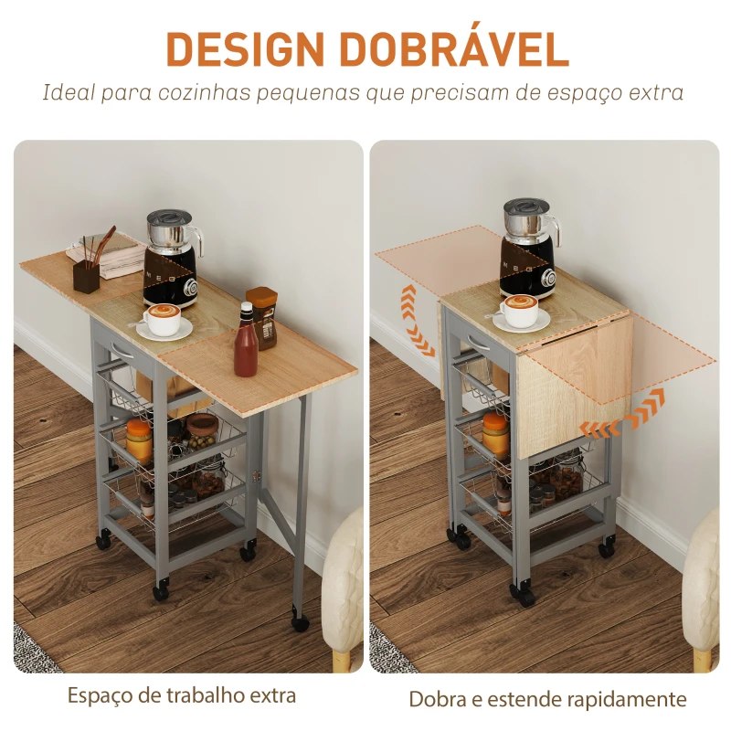 HOMCOM Carrinho Auxiliar Dobrável Carrinho de Cozinha com 6 Rodas 1 Gaveta e 3 Cestos de Metal 97,2x37x77,5 cm Cinza e Carvalho