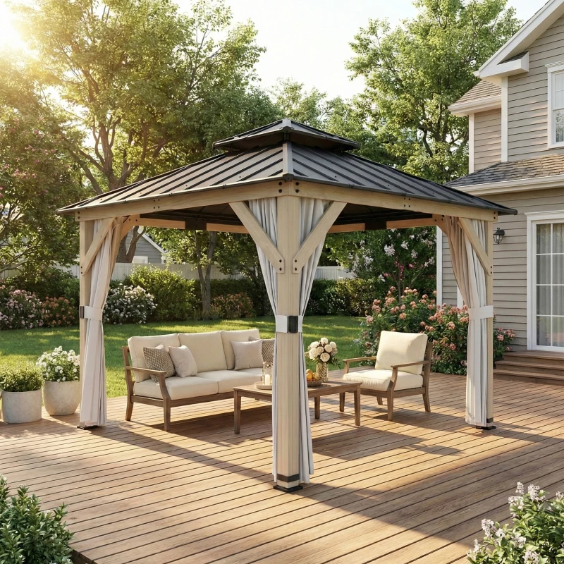 Outsunny 3 x 3 m Outdoor Hardtop Gazebo Canopy with 2-Tier Steel Roof, Wood Garden Gazebo with Curtains, Light Grey