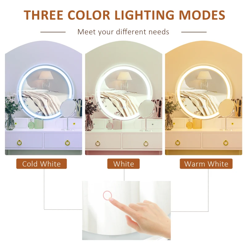 HOMCOM Dressing Table Set with Mirror, Built-in 3 Color LED Light, Vanity Makeup Table with 4 Drawers and Cushioned Stool for Bedroom, White