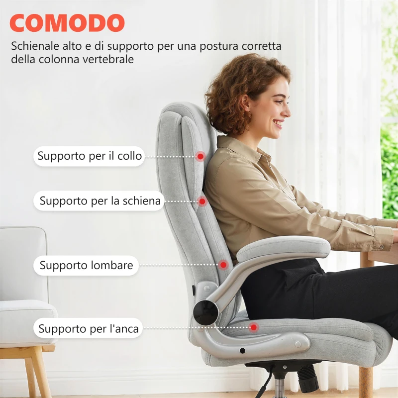 HOMCOM Sedia Ergonomica, Schienale Alto Velluto Stampato, Braccioli Ribaltabili, Bianco Crema