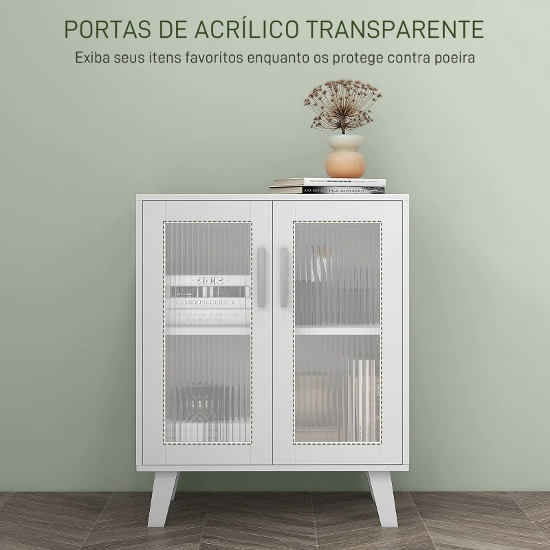 HOMCOM Aparador de 2 Portas Aparador de Sala com 2 Prateleiras Portas Transparentes para Cozinha e Entrada Branco 61x35x75 cm