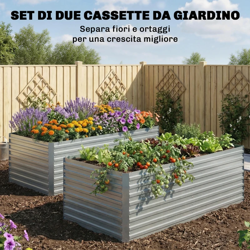 Outsunny Set di 2 Aiuole Rialzate in Metallo Galvanizzato con Bordo Sicuro, Fioriera Elevata per Verdure, Argento
