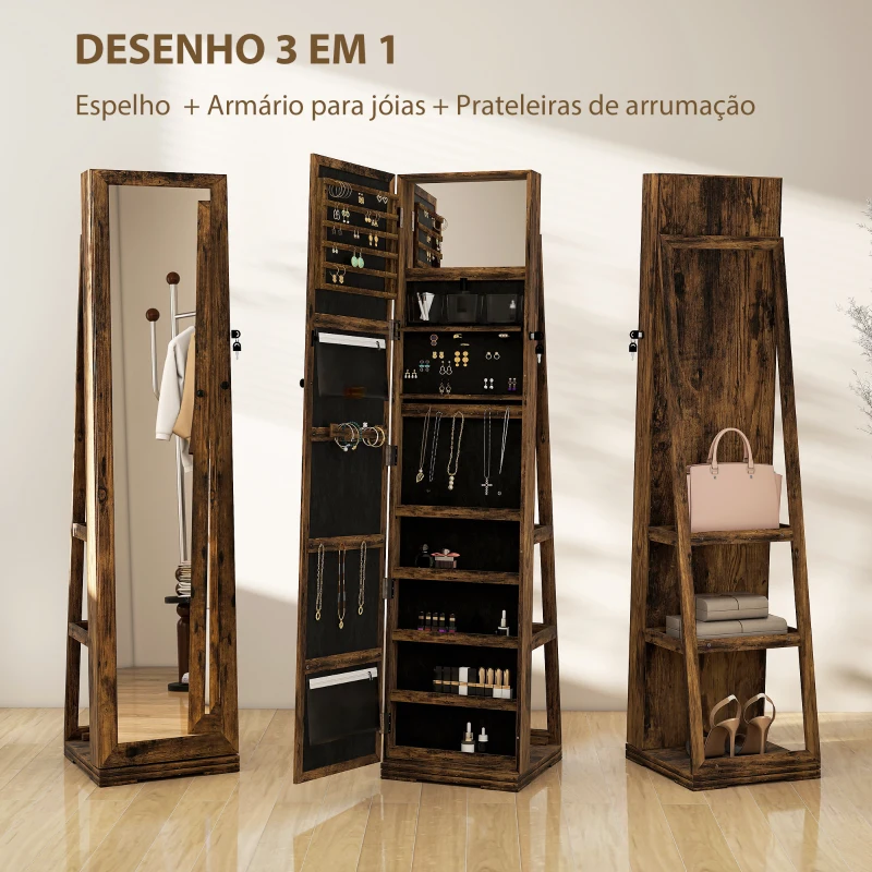 HOMCOM Joalheiro de Pé Armário para Jóias 360° com Fechadura e Espelho Incorporado Carga Máxima 20 kg 38x38x160 cm Marrom Rústico