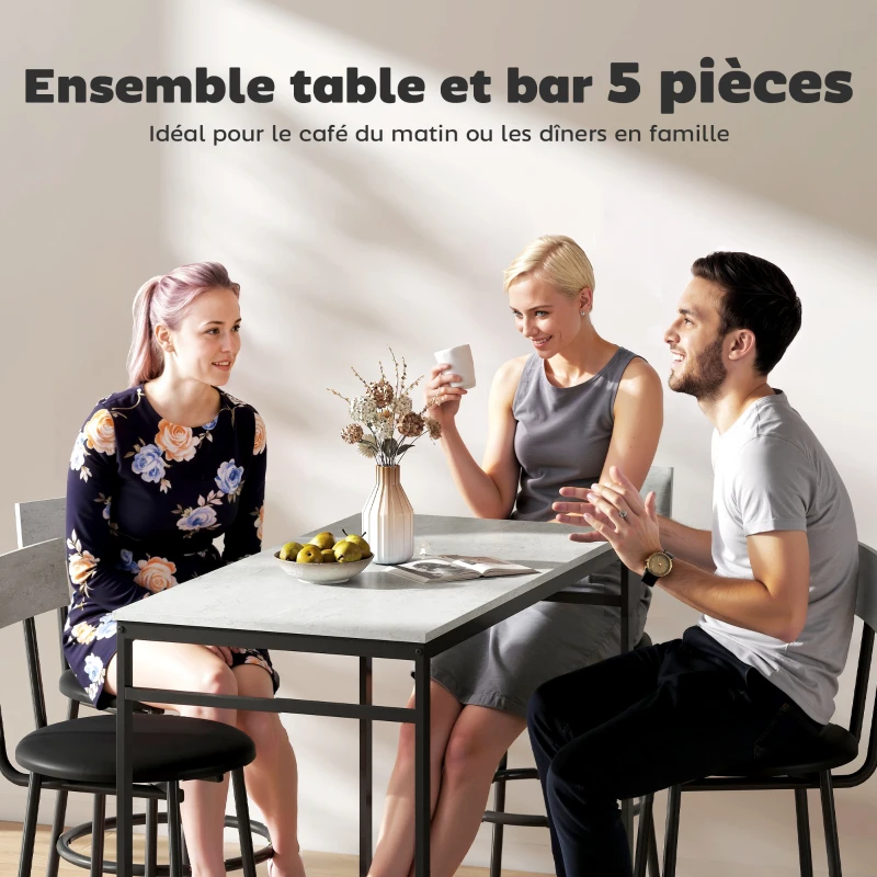 HOMCOM Ensemble table de bar avec tabourets, table haute bar et 4 tabourets, structure en acier, 110 x 55 x 90 cm, blanc