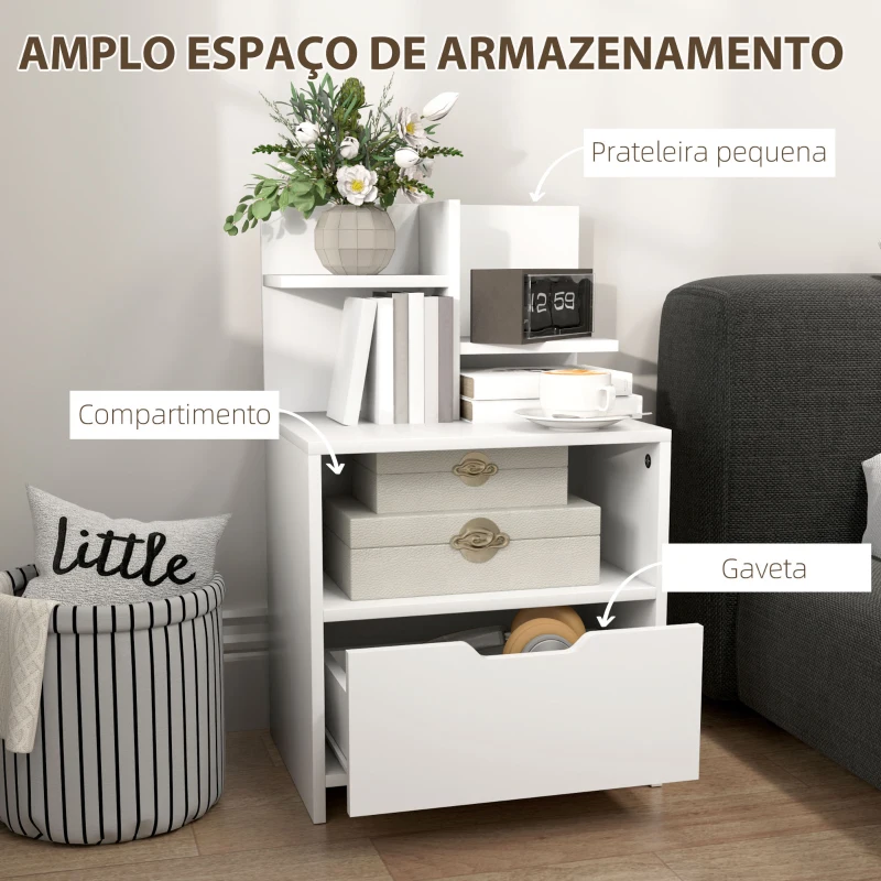 HOMCOM Mesa de Cabeceira de Madeira Moderna com Gaveta e Prateleiras de Armazenamento 45x35x73 cm Branco