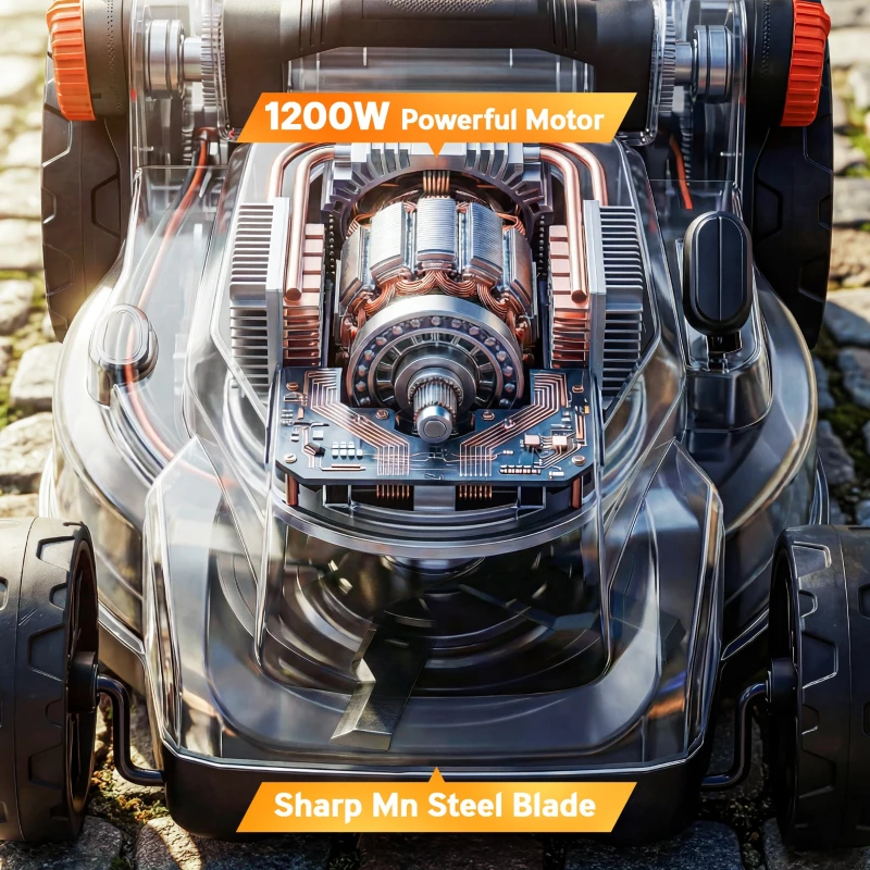 Outsunny Elektryczna kosiarka 1200 W z szerokością cięcia 34 cm, koszem na trawę o pojemności 35 litrów, funkcją mulczowania, 6 wysokościami cięcia, regulowanym uchwytem