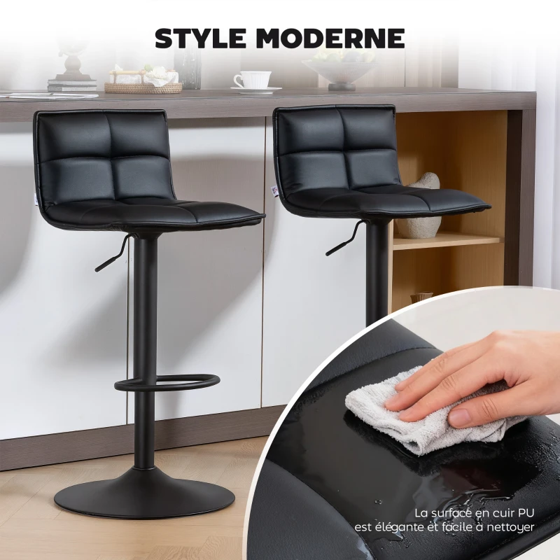 HOMCOM Lot de 2 tabourets de bar, chaises de bar réglable en hauteur avec assise pivotant en PU 44 x 45 x 85-106 cm noir