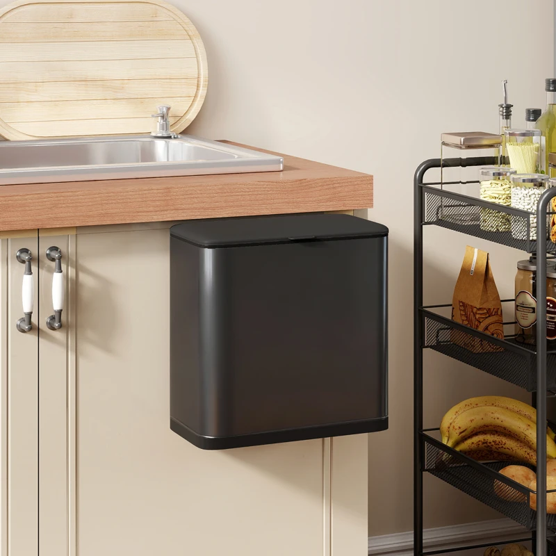 HOMCOM 8L Hanging Kitchen Bin, Rubbish bin with Lid and Removable Inner Bucket for Kitchen Cabinet Door, Under Sink, Office