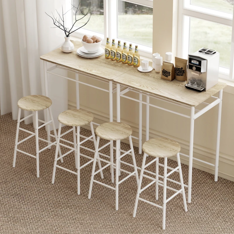 HOMCOM Bar Table Set, Bar Table and Stools Set, Footrest and Storage Shelf, for Kitchen, Dining Room, Pub, Cafe, White and Oak
