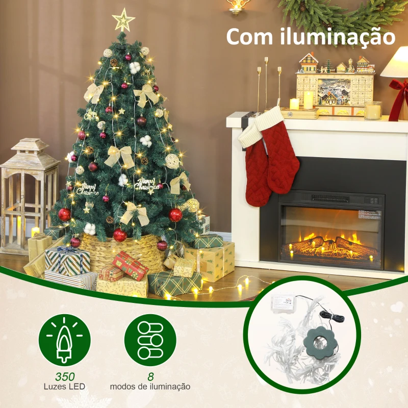 HOMCOM Árvore de Natal de 150 cm com Decorações 150 Luzes LED Branco Quente 8 Modos de Iluminação e 480 Ramos Verde