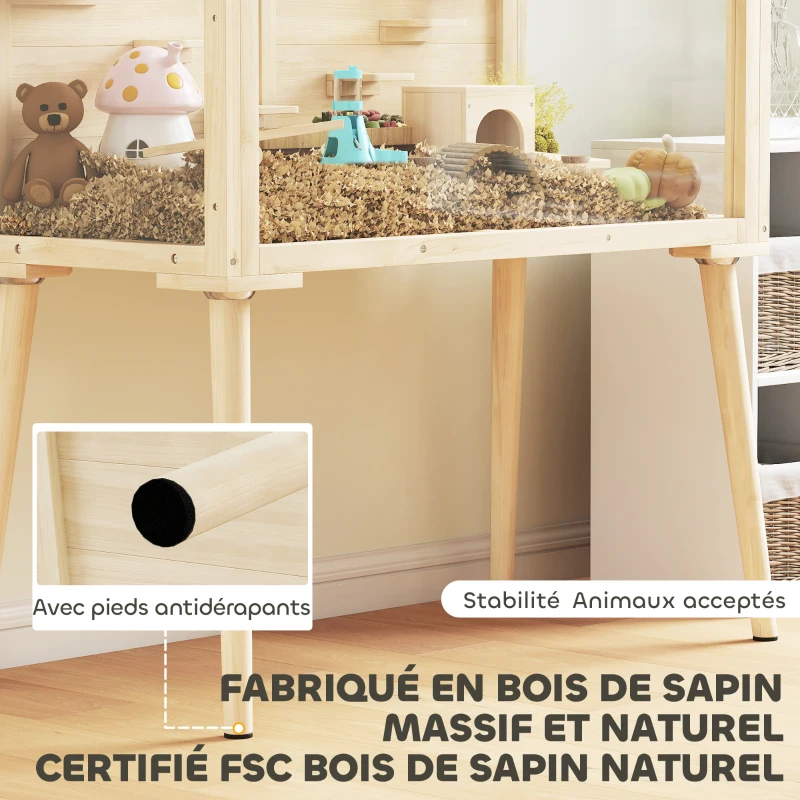 PawHut Cage hamster habitats pour rongeur bois FSC toit ouvrable 7 plateformes 2 balançoires 110x52x101cm effet bois naturel