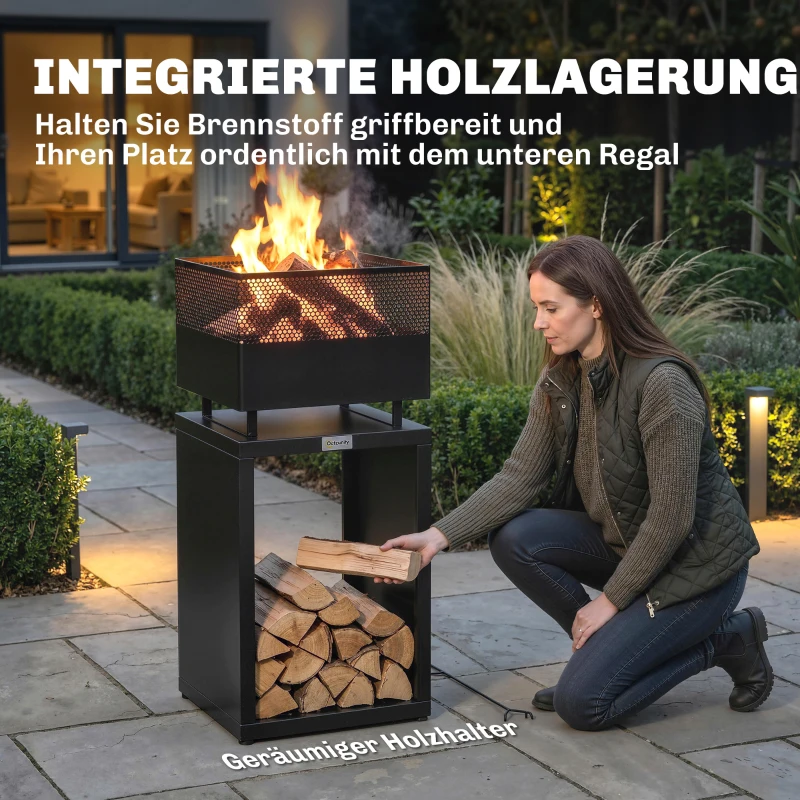 Outsunny Feuerschale 39 x 39 x 87 cm Feuerstelle mit Holzlager Kohlegitter verstellbaren Füßen, Schwarz