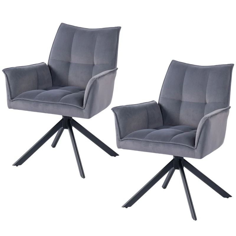 HOMCOM Conjunto de 2 Cadeiras de Refeição Giratórias 360° Estofado Estofamento em Veludo Pés em Aço 63x64x85 cm Cinza