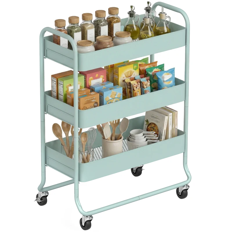 HOMCOM 3-Tier Storage Trolley on Wheels, Rolling Utility Cart with Mesh Backets for Kitchen, Bathroom, Bedroom, Light Green
