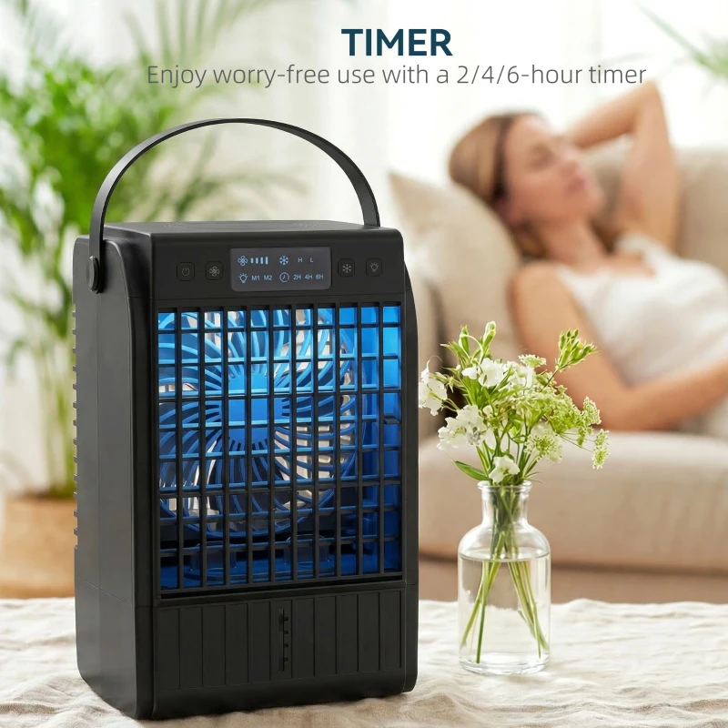 HOMCOM Portable Air Conditioner, 4-in-1 Mini Air Cooler with 4 Wind Speed, 2 Cool Mist, RGB 7 LED Light, Black