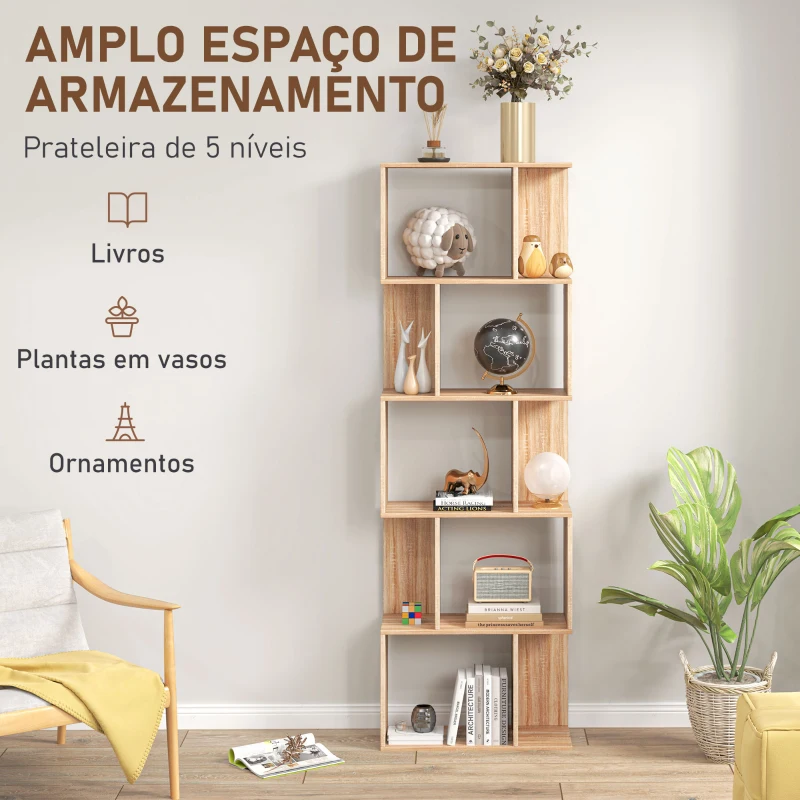 HOMCOM Estante para Livros Estante Alta de Parede com 5 Níveis em Forma de S Desenho Moderno 60x24x184,5 cm Madeira
