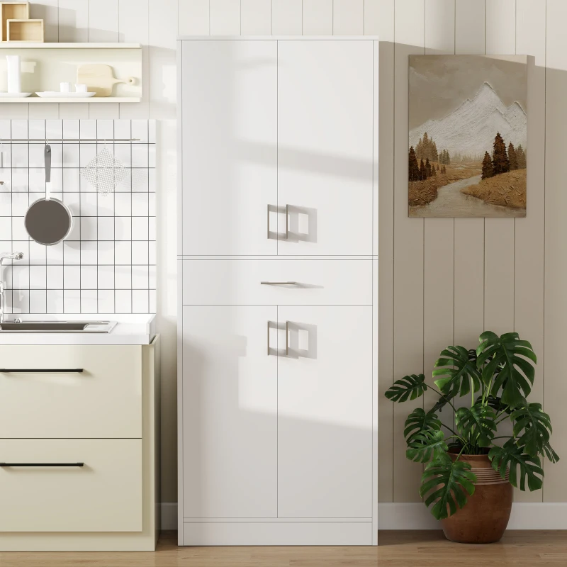 HOMCOM Buffet haut armoire de cuisine 4 portes 2 placards et 1 tiroir central hauteur 180 cm avec 2 étagères réglables blanc