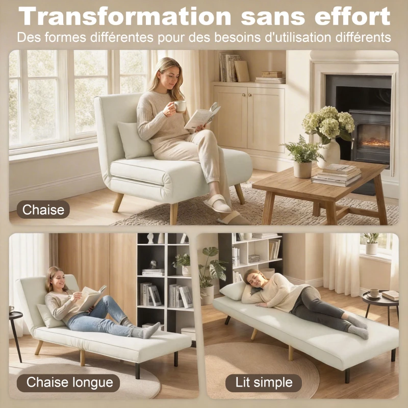 HOMCOM Fauteuil chauffeuse convertible 3 en 1 lit fauteuil lit 1 place dossier 5 positions en tissu avec coussin, crème