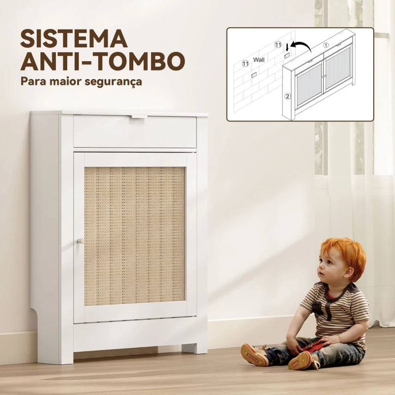 HOMCOM Cobertura para Radiador com Porta Rebatível e Vime Proteção Radiador de MDF 78x19x95,5 cm com Compartimento Desenho Boémio Branco
