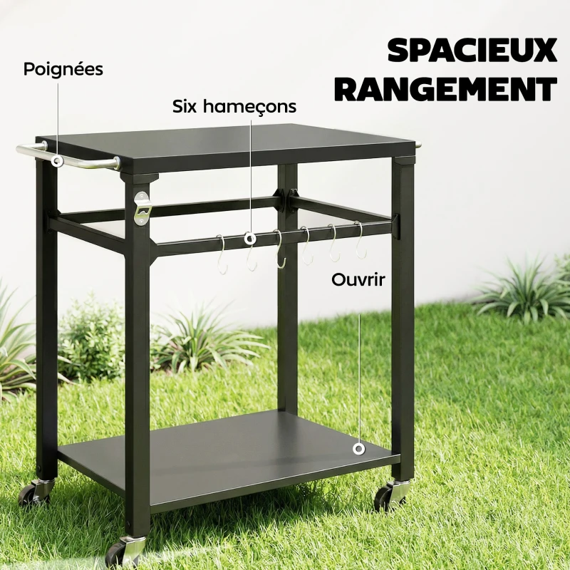Outsunny Desserte jardin chariot de barbecue sur roulettes avec crochets, poignées, roulettes verrouillables, 90,5x55x88 cm, noir